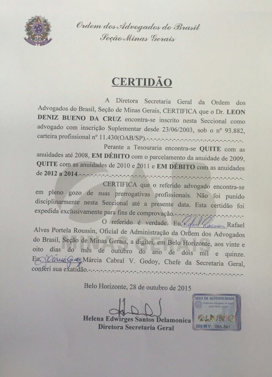 certidao da oab mg sobre leon deniz 