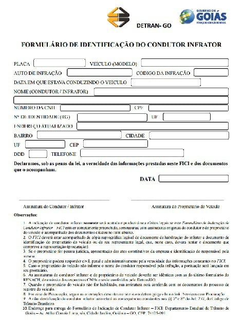 Formulario de Identificacao de Condutor Infrator foto