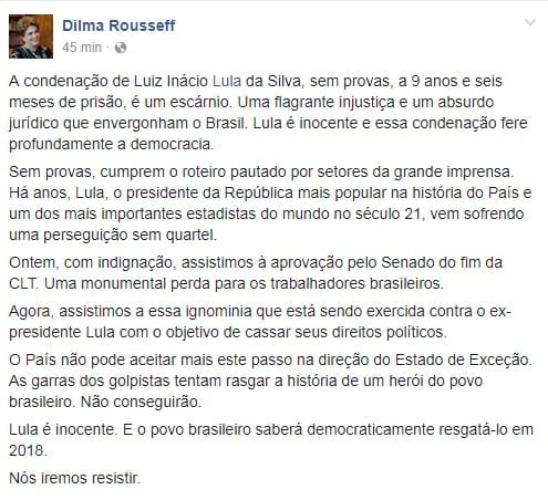 dilma nota sobre lula