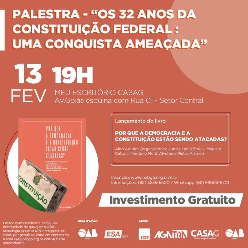 Ameaças à Constituição e democracia são temas de palestra em Goiânia