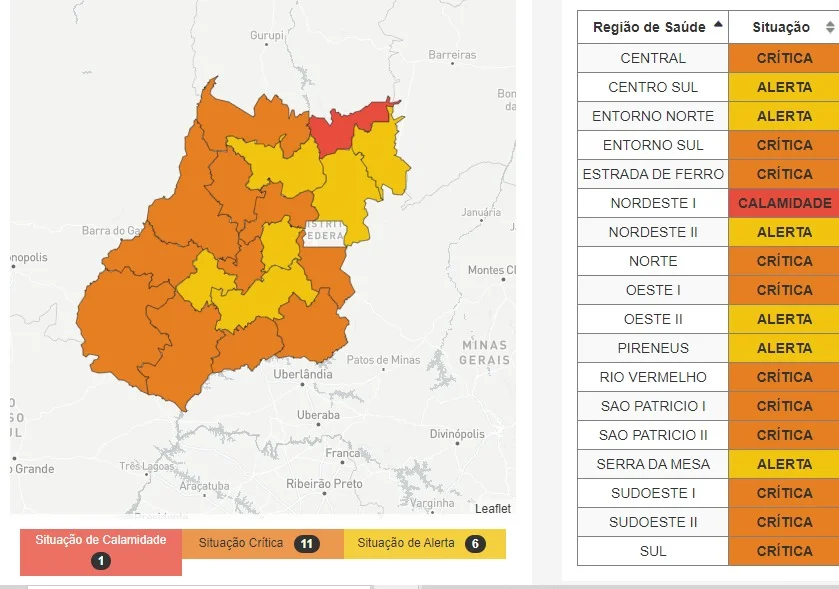 Goiás tem apenas uma região em estado de calamidade em mapa atualizado da SES-GO