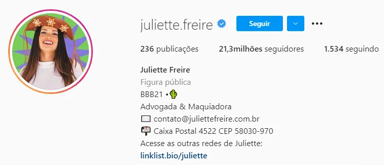 Juliette, do BBB21, ultrapassa 21,3 milhões de seguidores