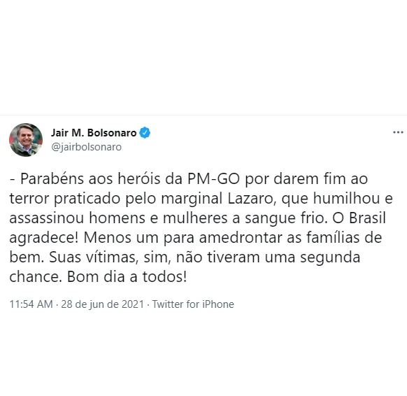 Bolsonaro comemora morte de Lázaro: “O Brasil agradece!”