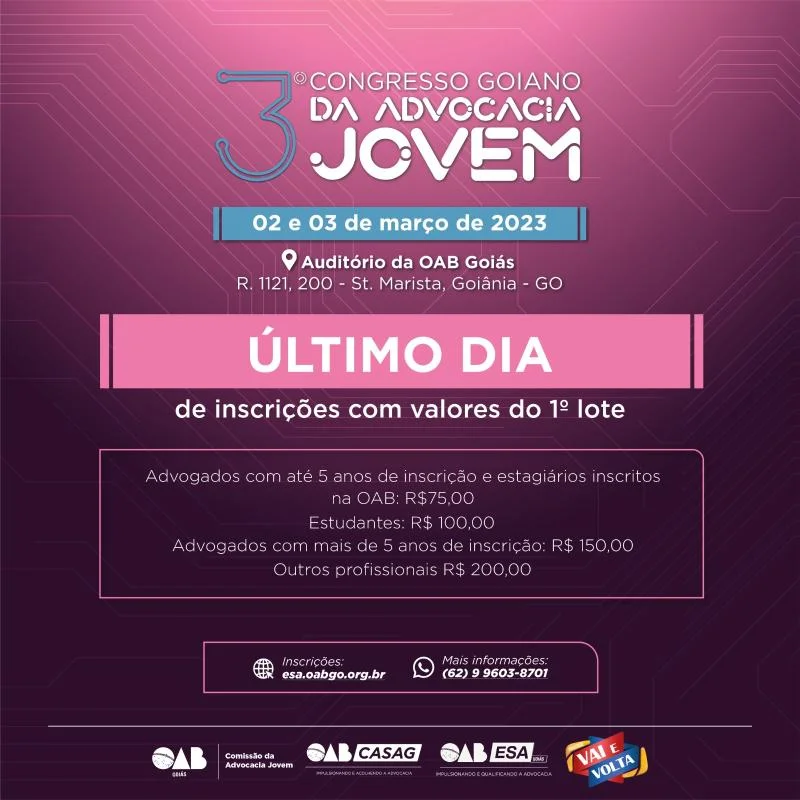 Inscrições com desconto no 3º Congresso Goiano da Advocacia Jovem terminam hoje (05)