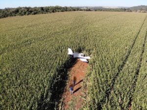 Aeronave faz pouso forçado em zona rural de Luziânia. Foto: CBMG