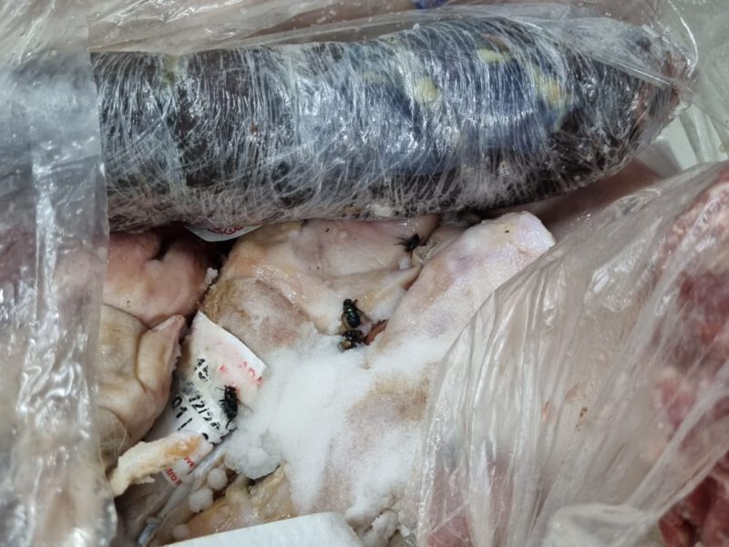 Carnes com mosca apreendidas em supermercado pelo Procon Goiás. Foto: Procon Goiás