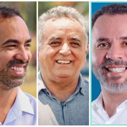 Nomes que disputam o voto para prefeito de Senador Canedo: Alexandre Braga, Divino Lemos e Fernando Pellozo