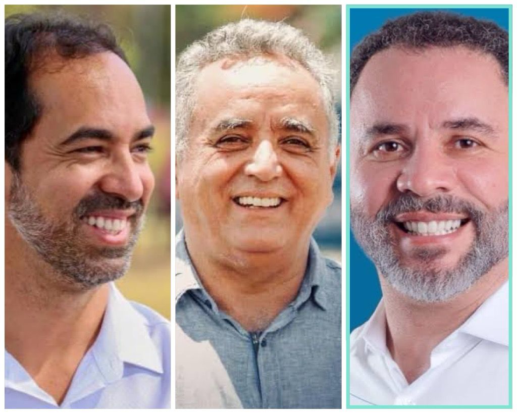 Nomes que disputam o voto para prefeito de Senador Canedo: Alexandre Braga, Divino Lemos e Fernando Pellozo