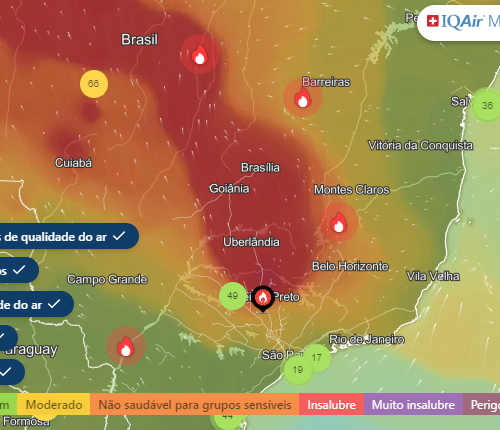 Mapa da qualidade do ar em Goiás. Foto: Reprodução/ IQAir